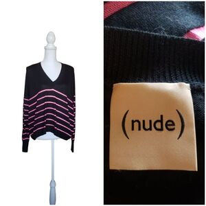 (nude) 42 US 12 Cashmere Silk V-neck Sweater Pink Black Stripe Made In Italy